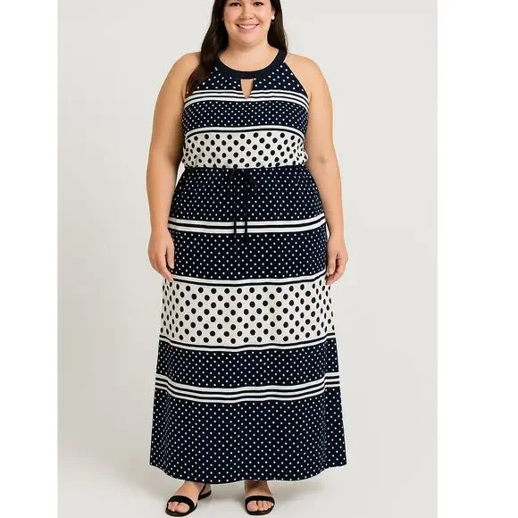 Enfocus Studio Navy White Black Polka Dot Maxi Dress 14 - Picture 2 of 7